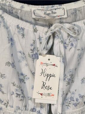 NWT Hippie Rose Blue Floral Tie-Front Babydoll Top Puff Sleeve Medium
